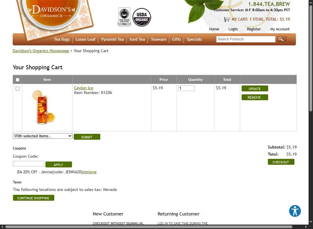 Davidson's Tea checkout page showing Davidson's Tea promo code box | Screenshot taken by SimplyCodes community member on Nov 15, 2025