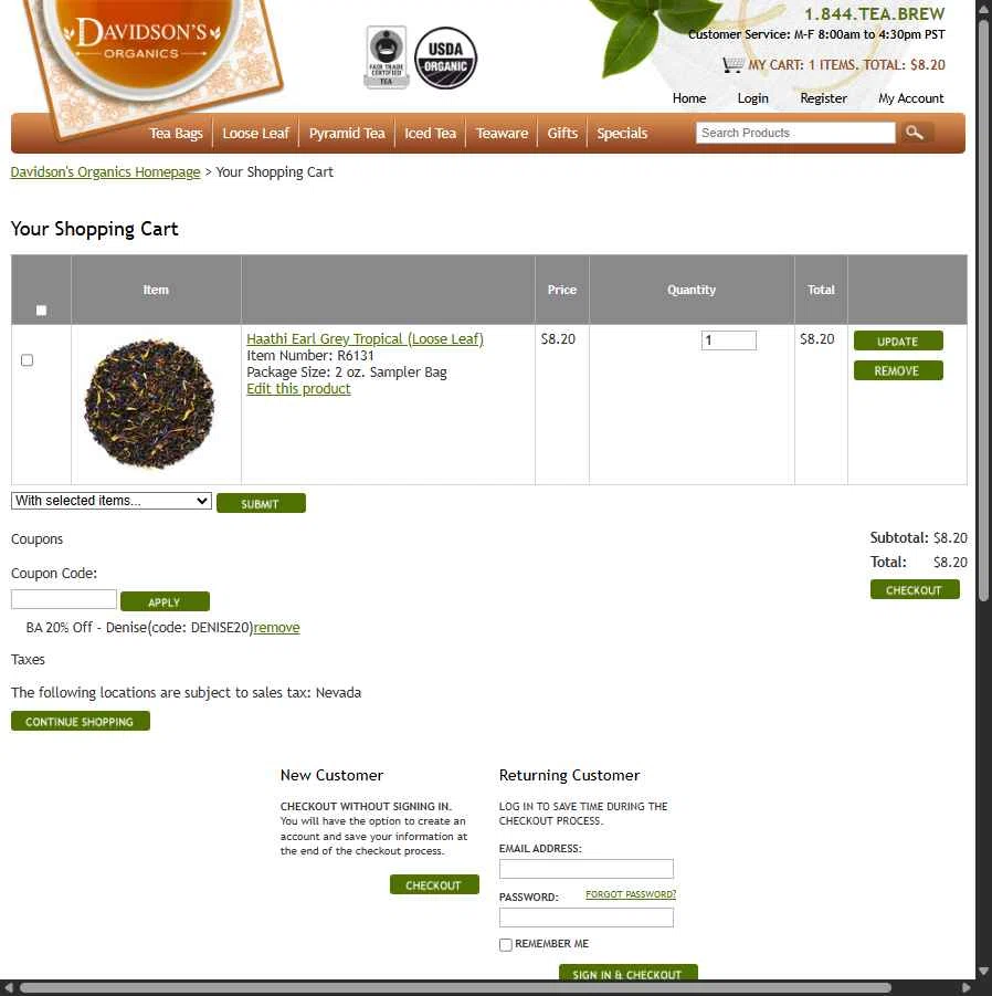 Davidson's Tea checkout page showing Davidson's Tea promo code box | Screenshot taken by SimplyCodes community member on Jan 12, 2026