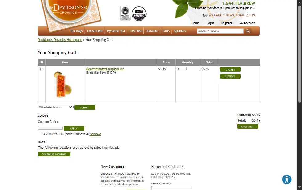 Davidson's Tea checkout page showing Davidson's Tea promo code box | Screenshot taken by SimplyCodes community member on Nov 15, 2025
