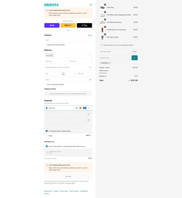 DAVIDsTEA checkout page showing DAVIDsTEA promo code box | Screenshot taken by SimplyCodes community member on Sep 12, 2025