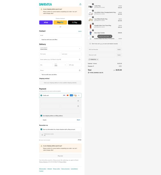 DAVIDsTEA checkout page showing DAVIDsTEA promo code box | Screenshot taken by SimplyCodes community member on Sep 8, 2025