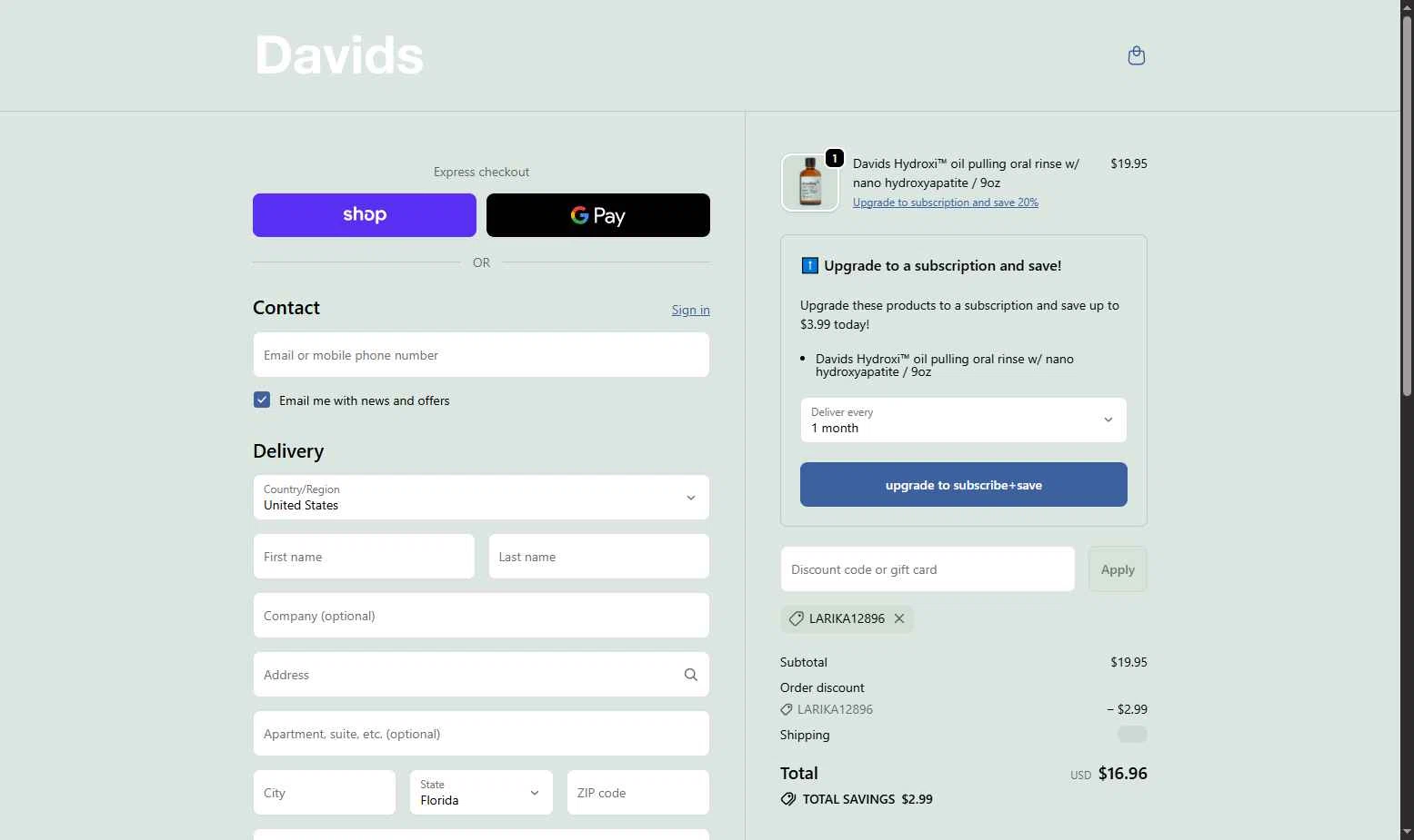 David USA checkout page showing David USA promo code box | Screenshot taken by SimplyCodes community member on Jan 2, 2026