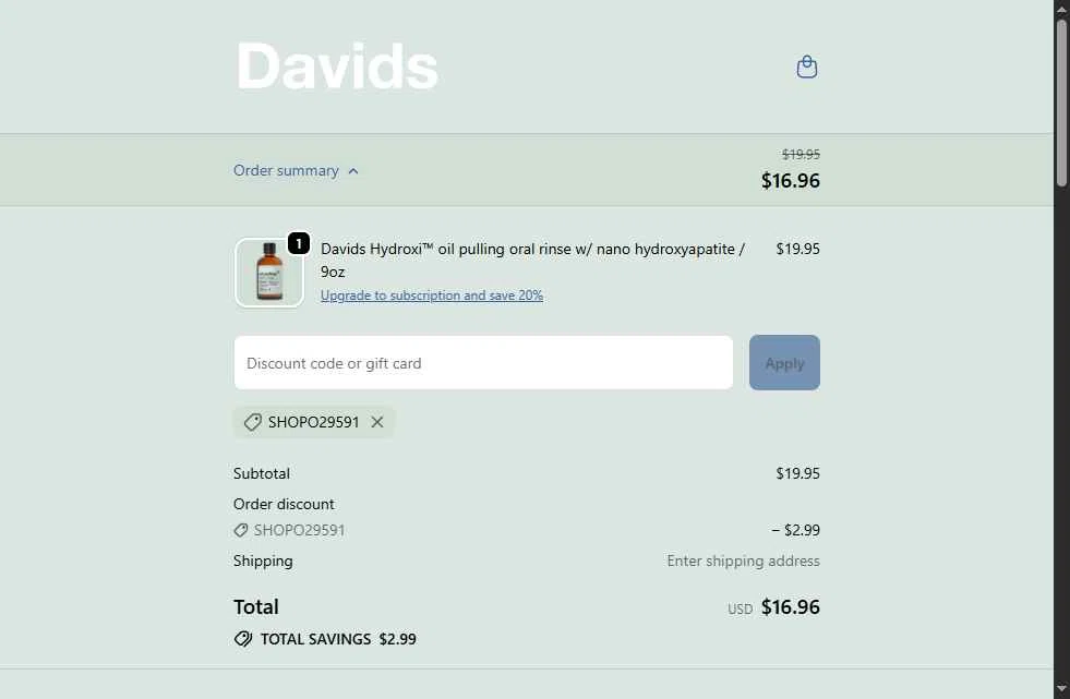 David USA checkout page showing David USA promo code box | Screenshot taken by SimplyCodes community member on Jan 11, 2026