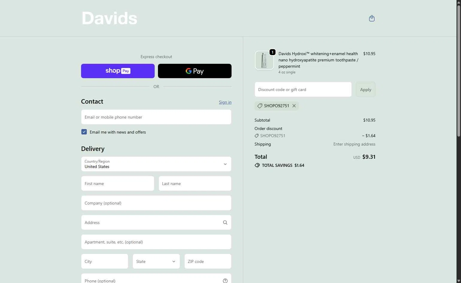 David USA checkout page showing David USA promo code box | Screenshot taken by SimplyCodes community member on Jan 11, 2026