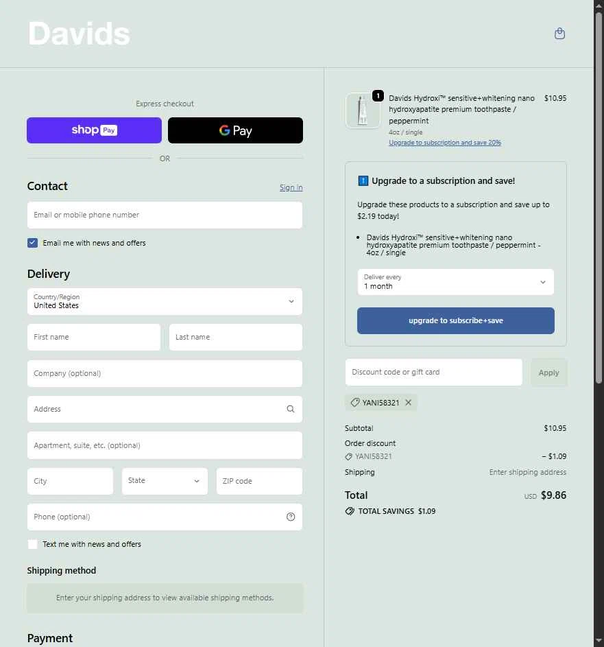 David USA checkout page showing David USA promo code box | Screenshot taken by SimplyCodes community member on Jan 11, 2026