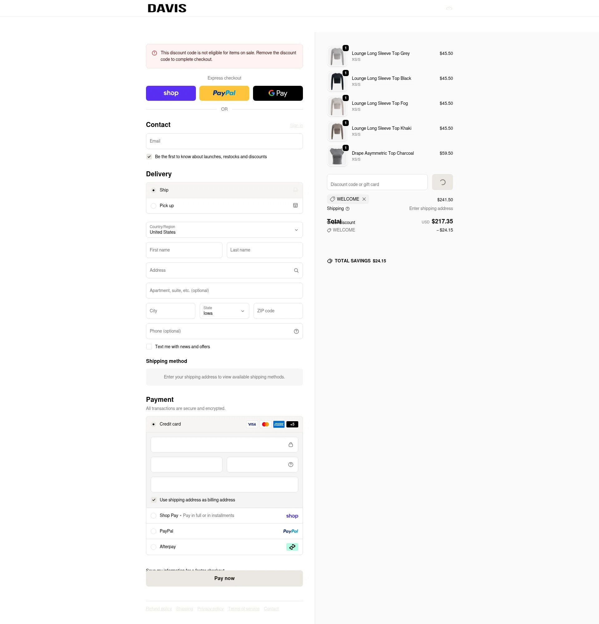 Davis Active checkout page showing Davis Active discount code box | Screenshot taken by SimplyCodes community member on Feb 14, 2026