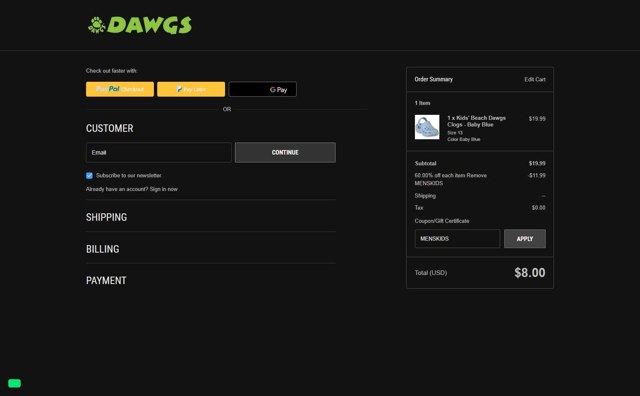 DAWGS checkout page showing DAWGS coupon code box | Screenshot taken by SimplyCodes community member on Aug 19, 2025