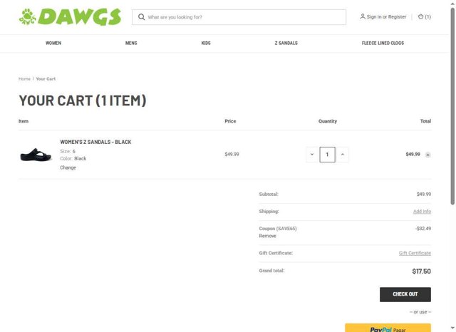 DAWGS checkout page showing DAWGS coupon code box | Screenshot taken by SimplyCodes community member on Aug 20, 2025