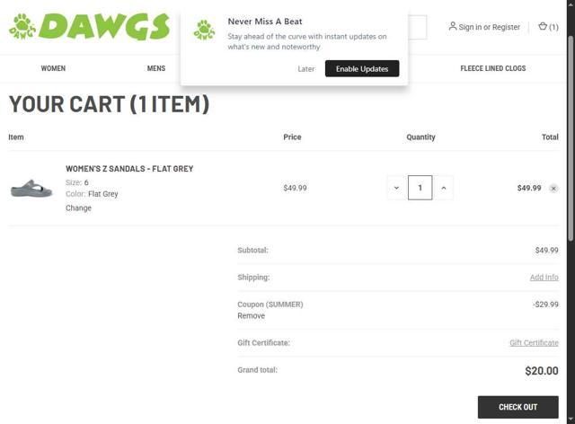 DAWGS checkout page showing DAWGS coupon code box | Screenshot taken by SimplyCodes community member on Sep 11, 2025