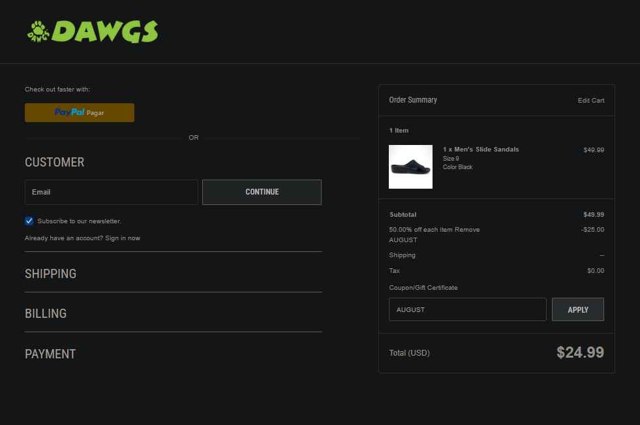 DAWGS checkout page showing DAWGS coupon code box | Screenshot taken by SimplyCodes community member on Aug 22, 2025