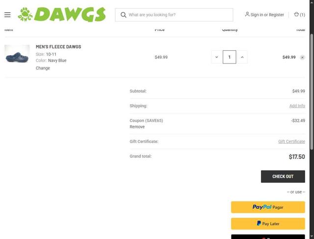 DAWGS checkout page showing DAWGS coupon code box | Screenshot taken by SimplyCodes community member on Sep 11, 2025