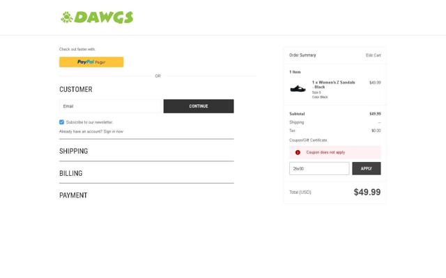 DAWGS checkout page showing DAWGS coupon code box | Screenshot taken by SimplyCodes community member on Sep 12, 2025