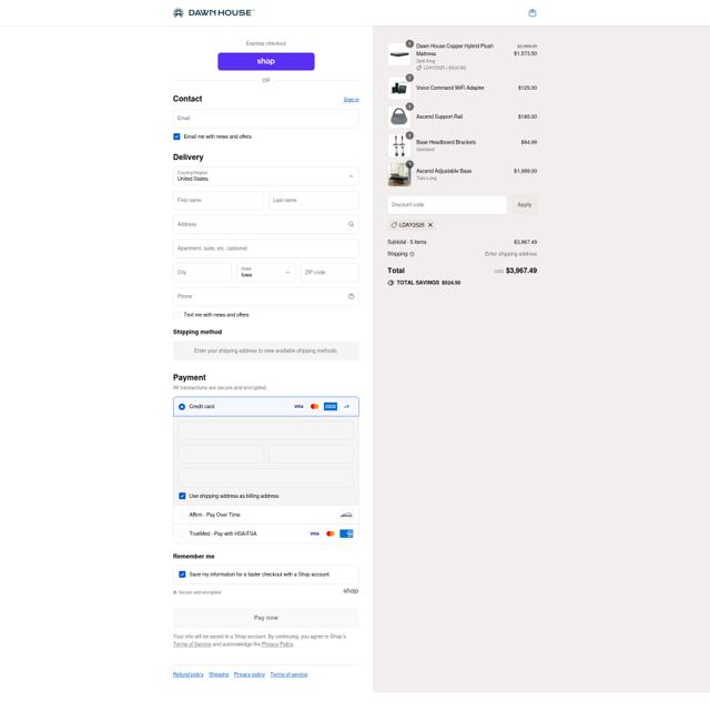 Dawn House Bed checkout page showing Dawn House Bed promo code box | Screenshot taken by SimplyCodes community member on Sep 16, 2025