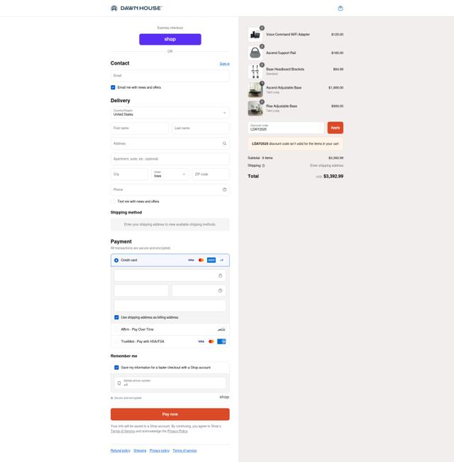 Dawn House Bed checkout page showing Dawn House Bed promo code box | Screenshot taken by SimplyCodes community member on Sep 12, 2025