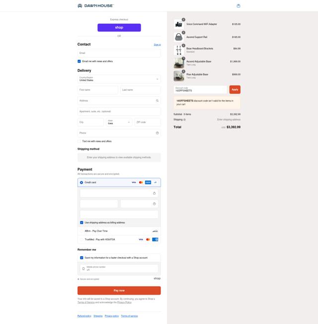 Dawn House Bed checkout page showing Dawn House Bed promo code box | Screenshot taken by SimplyCodes community member on Sep 12, 2025
