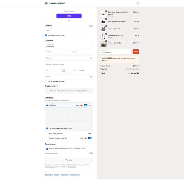 Dawn House Bed checkout page showing Dawn House Bed promo code box | Screenshot taken by SimplyCodes community member on Sep 16, 2025