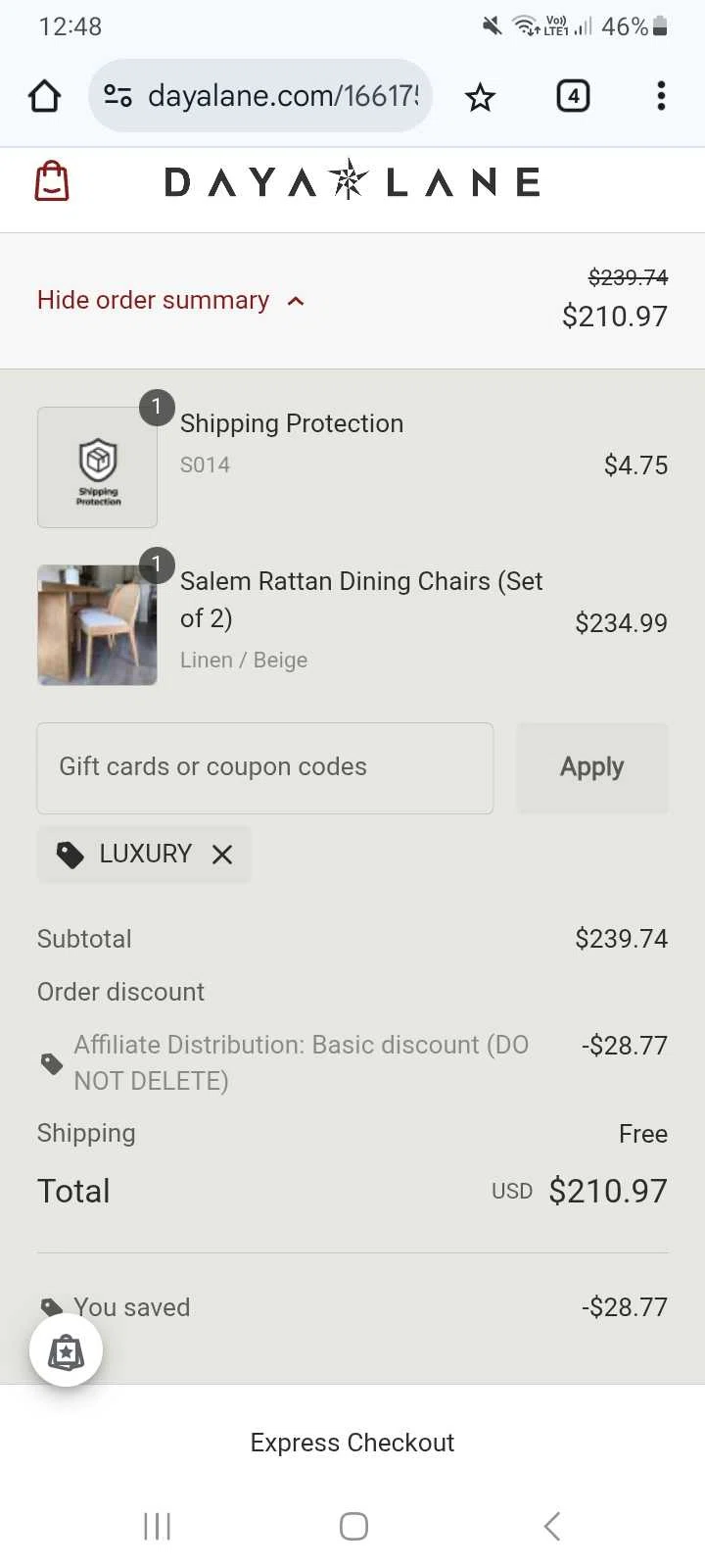 Daya Lane coupon code screenshot showing code LUXURY applied at Daya Lane checkout page. Uploaded by SimplyCodes community member Celebrity on Oct 15, 2025