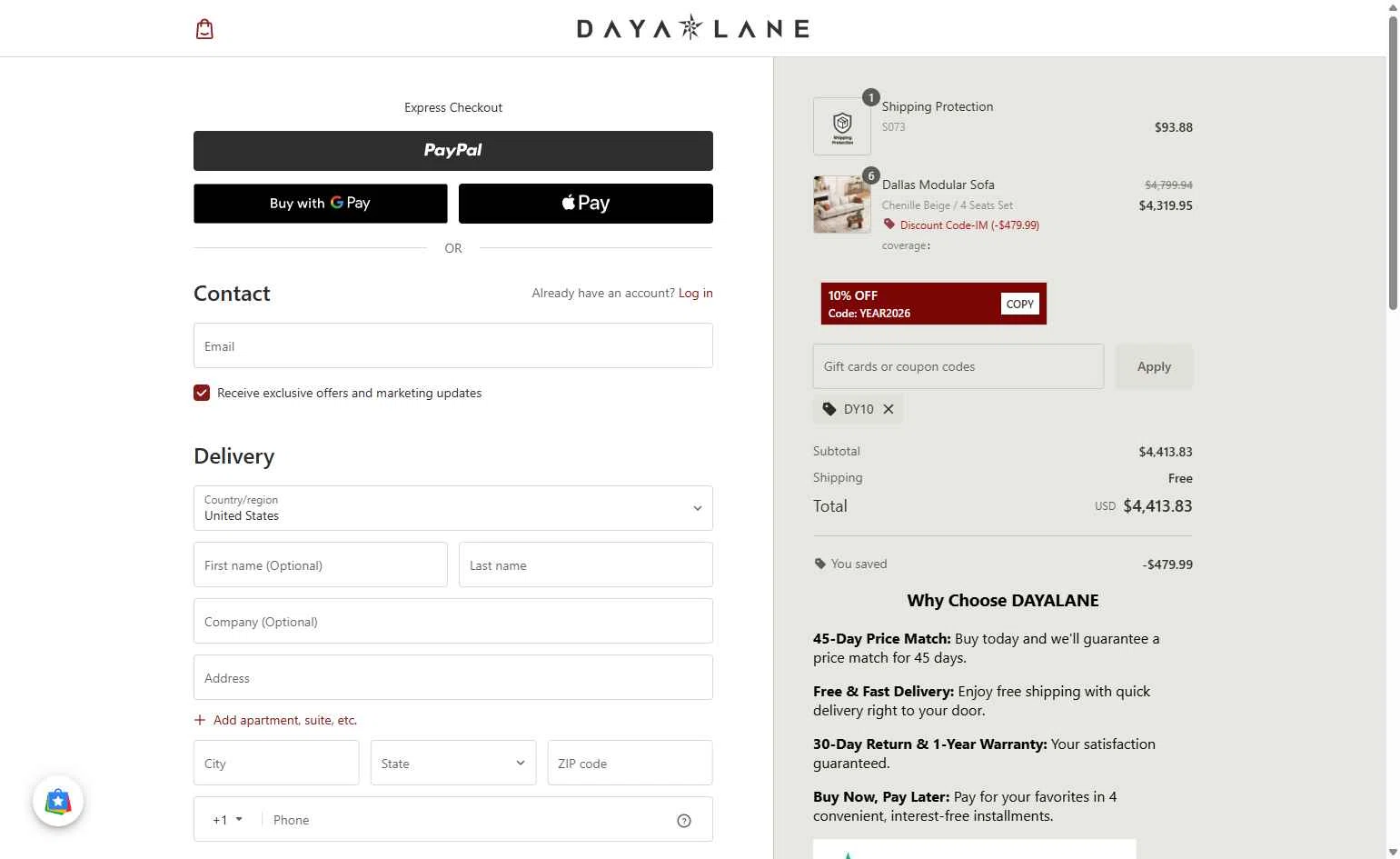 Daya Lane checkout page showing Daya Lane coupon code box | Screenshot taken by SimplyCodes community member on Dec 31, 2025