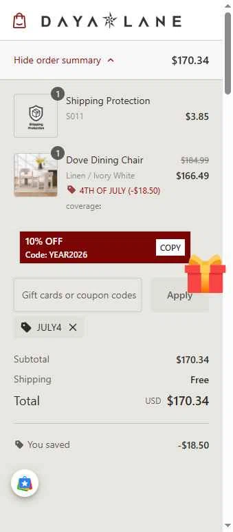 Daya Lane checkout page showing Daya Lane coupon code box | Screenshot taken by SimplyCodes community member on Jan 9, 2026