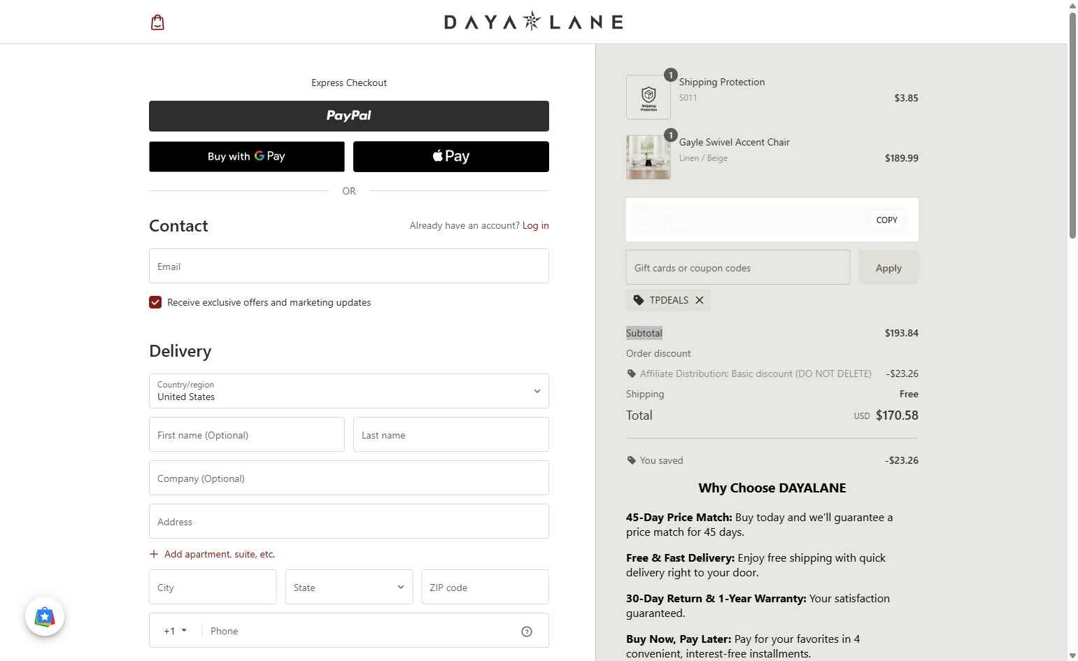 Daya Lane checkout page showing Daya Lane coupon code box | Screenshot taken by SimplyCodes community member on Dec 19, 2025
