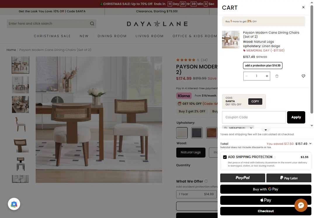 Daya Lane checkout page showing Daya Lane coupon code box | Screenshot taken by SimplyCodes community member on Dec 18, 2025