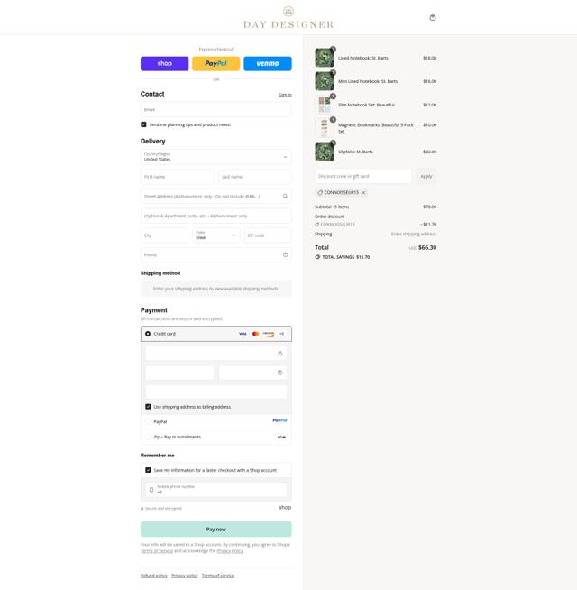 Day Designer checkout page showing Day Designer coupon code box | Screenshot taken by SimplyCodes community member on Sep 14, 2025