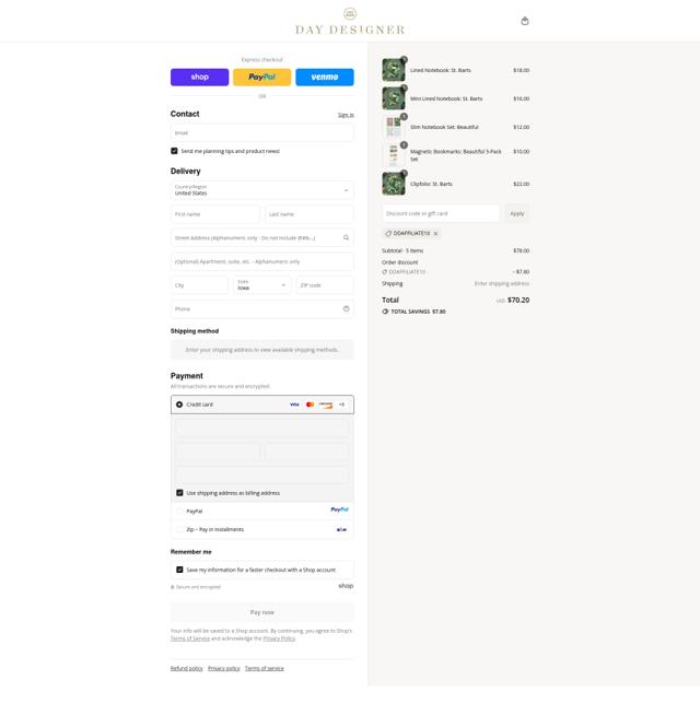 Day Designer checkout page showing Day Designer coupon code box | Screenshot taken by SimplyCodes community member on Sep 14, 2025