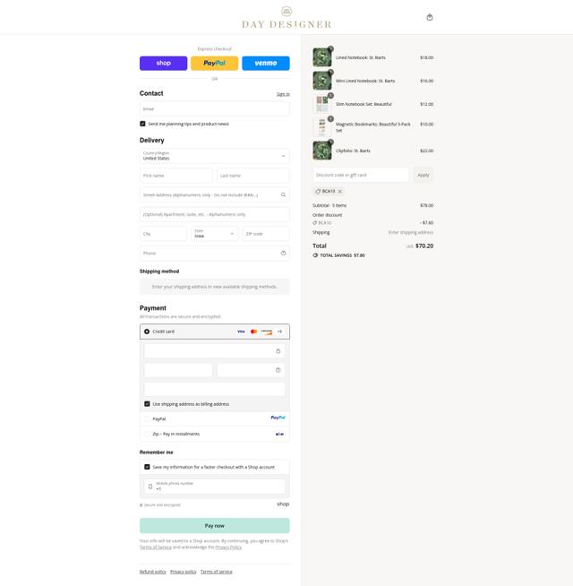 Day Designer checkout page showing Day Designer coupon code box | Screenshot taken by SimplyCodes community member on Sep 14, 2025