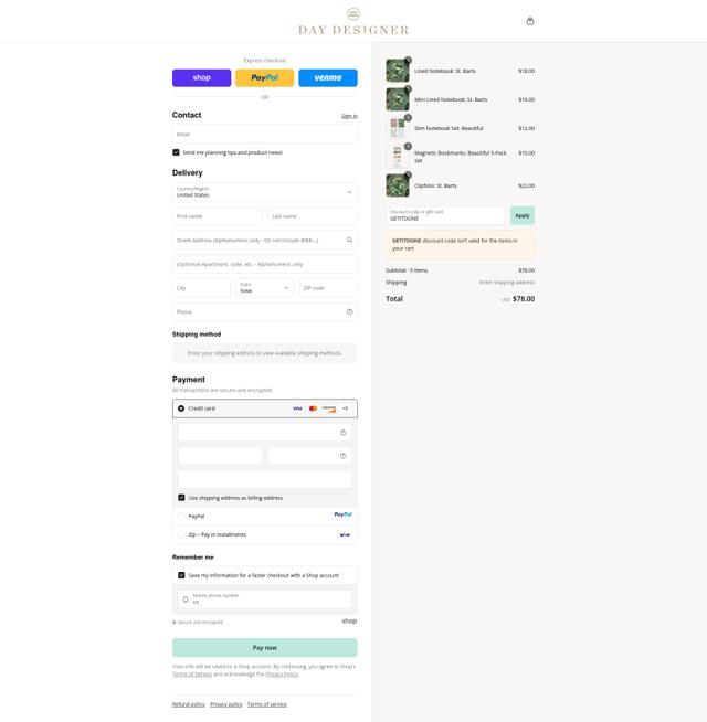 Day Designer checkout page showing Day Designer coupon code box | Screenshot taken by SimplyCodes community member on Sep 14, 2025