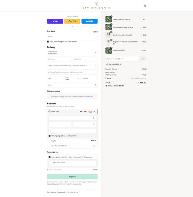 Day Designer checkout page showing Day Designer coupon code box | Screenshot taken by SimplyCodes community member on Sep 14, 2025