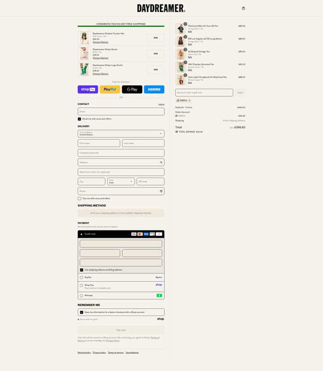 Daydreamer checkout page showing Daydreamer promo code box | Screenshot taken by SimplyCodes community member on Aug 27, 2025