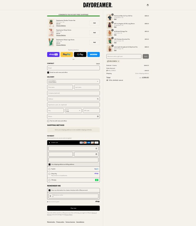 Daydreamer checkout page showing Daydreamer promo code box | Screenshot taken by SimplyCodes community member on Aug 27, 2025