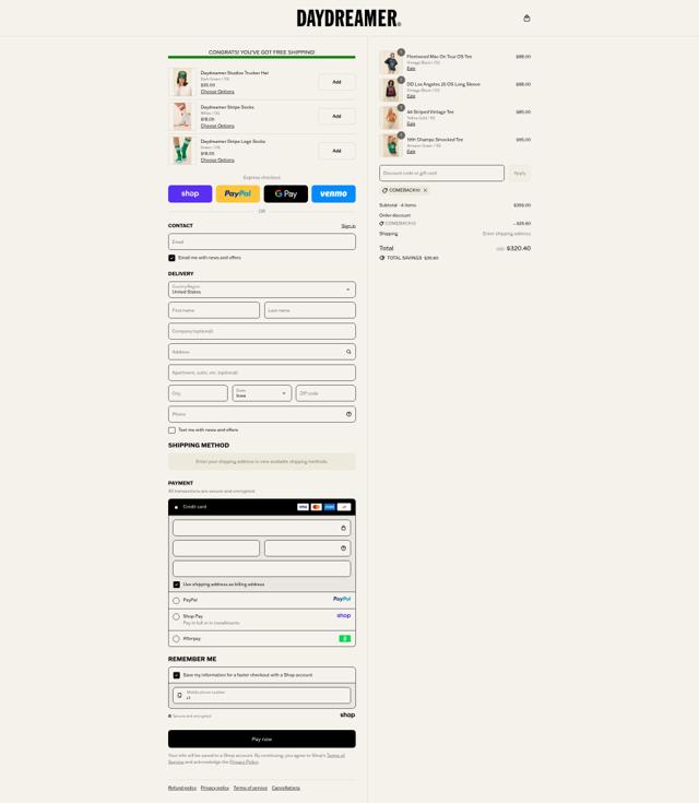 Daydreamer checkout page showing Daydreamer promo code box | Screenshot taken by SimplyCodes community member on Sep 12, 2025
