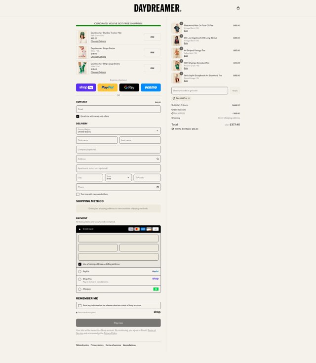 Daydreamer checkout page showing Daydreamer promo code box | Screenshot taken by SimplyCodes community member on Aug 27, 2025