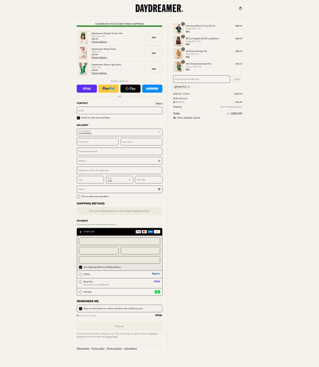 Daydreamer checkout page showing Daydreamer promo code box | Screenshot taken by SimplyCodes community member on Sep 12, 2025
