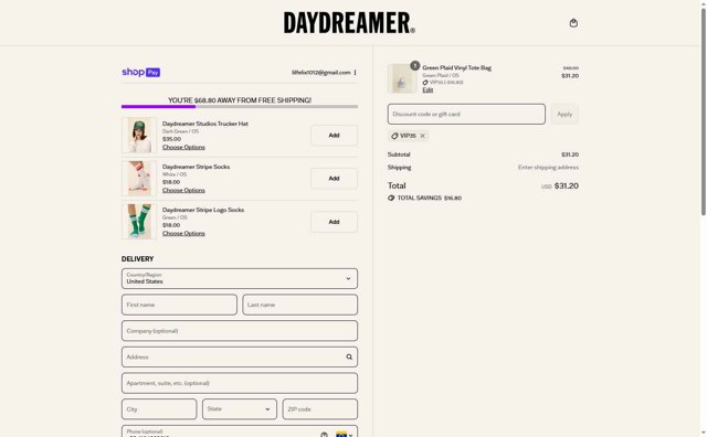 Daydreamer checkout page showing Daydreamer promo code box | Screenshot taken by SimplyCodes community member on Aug 26, 2025