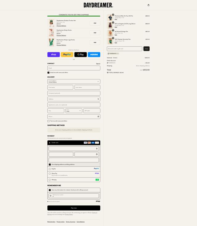 Daydreamer checkout page showing Daydreamer promo code box | Screenshot taken by SimplyCodes community member on Sep 12, 2025