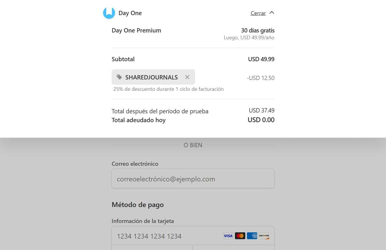 Day One Journal App checkout page showing Day One Journal App promo code box | Screenshot taken by SimplyCodes community member on Jan 13, 2026