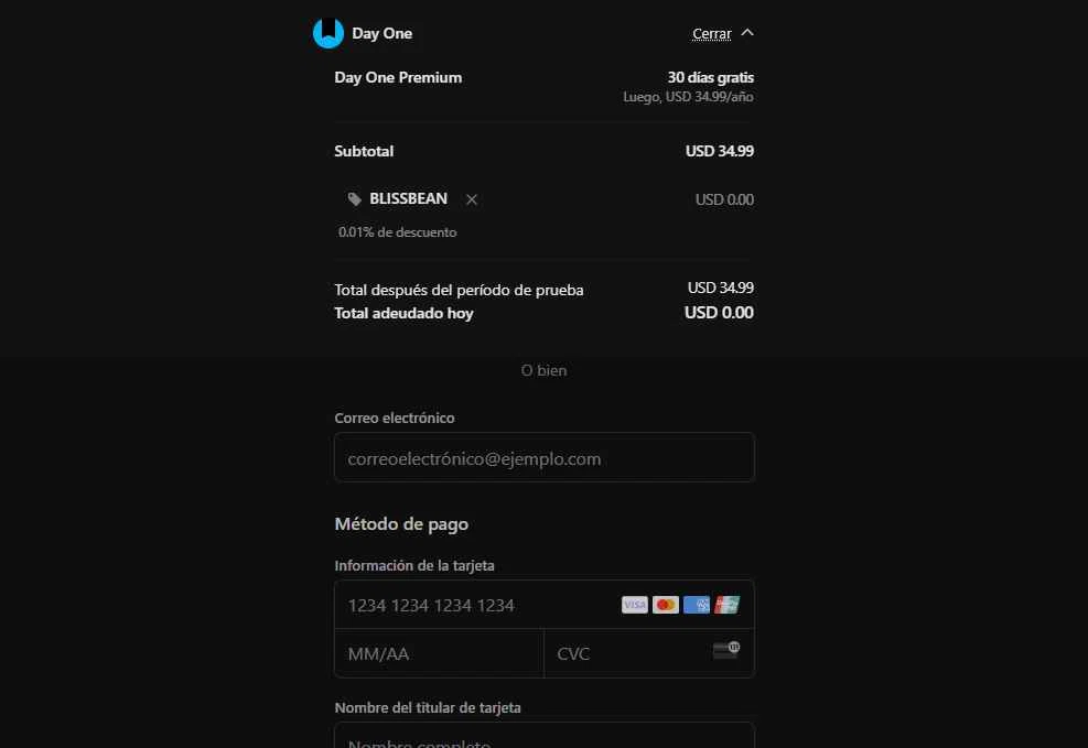 Day One Journal App checkout page showing Day One Journal App promo code box | Screenshot taken by SimplyCodes community member on Jun 30, 2025