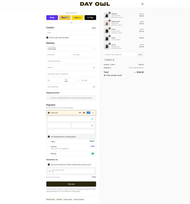 Day Owl checkout page showing Day Owl discount code box | Screenshot taken by SimplyCodes community member on Sep 12, 2025