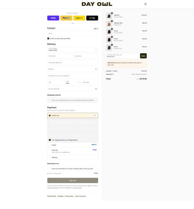Day Owl checkout page showing Day Owl discount code box | Screenshot taken by SimplyCodes community member on Sep 12, 2025