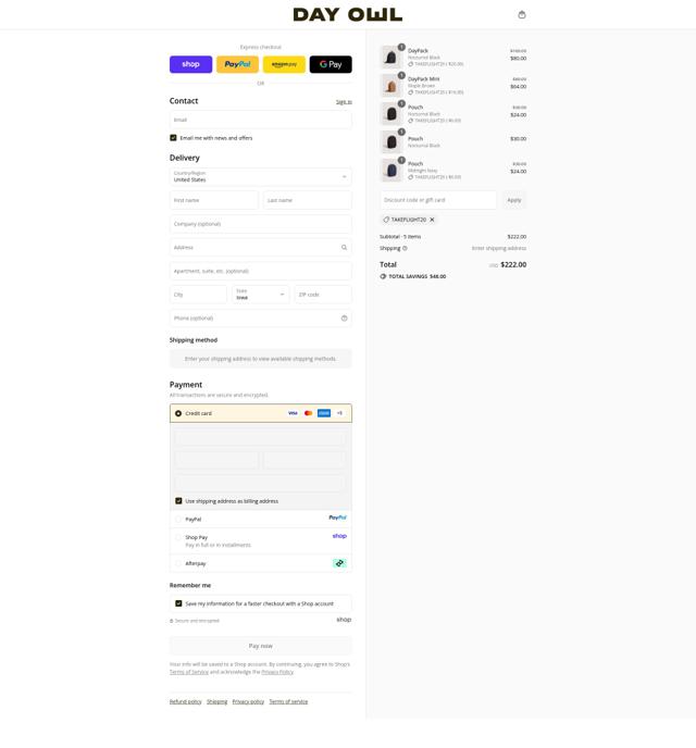 Day Owl checkout page showing Day Owl discount code box | Screenshot taken by SimplyCodes community member on Sep 12, 2025