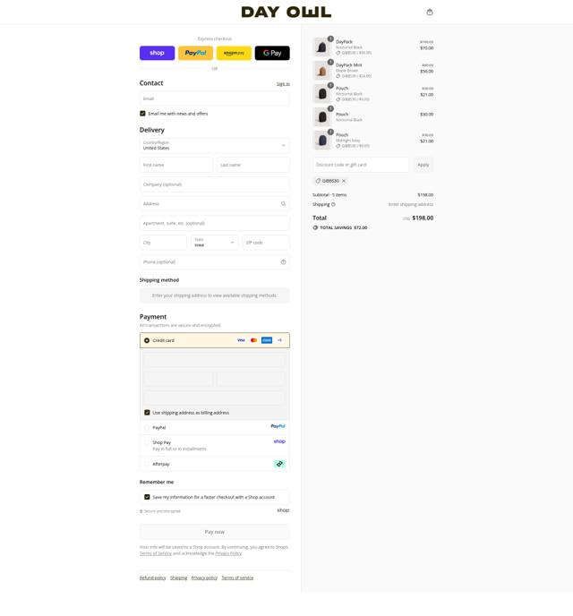 Day Owl checkout page showing Day Owl discount code box | Screenshot taken by SimplyCodes community member on Sep 12, 2025