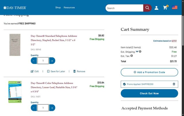 Day-Timer checkout page showing Day-Timer promo code box | Screenshot taken by SimplyCodes community member on Sep 1, 2025