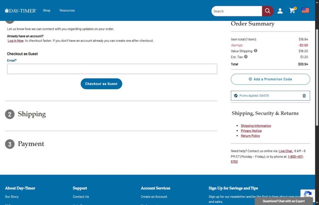 Day-Timer checkout page showing Day-Timer promo code box | Screenshot taken by SimplyCodes community member on Aug 14, 2025
