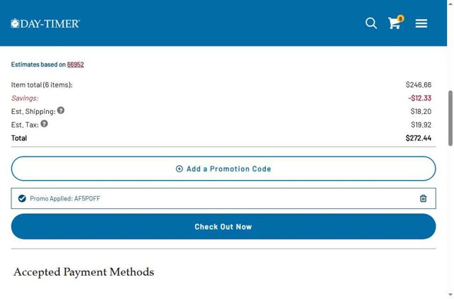 Day-Timer checkout page showing Day-Timer promo code box | Screenshot taken by SimplyCodes community member on Aug 17, 2025