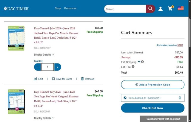 Day-Timer checkout page showing Day-Timer promo code box | Screenshot taken by SimplyCodes community member on Aug 19, 2025