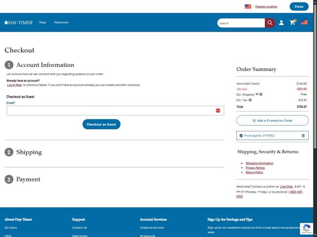 Day-Timer checkout page showing Day-Timer promo code box | Screenshot taken by SimplyCodes community member on Sep 2, 2025