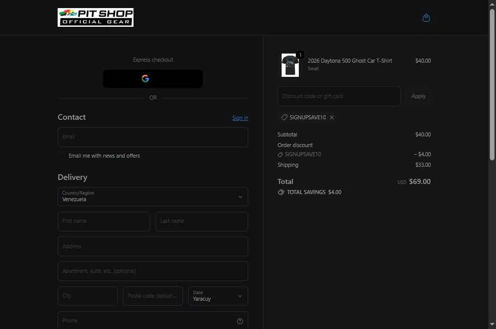 Daytona International Speedway checkout page showing Daytona International Speedway coupon code box | Screenshot taken by SimplyCodes community member on Dec 31, 2025
