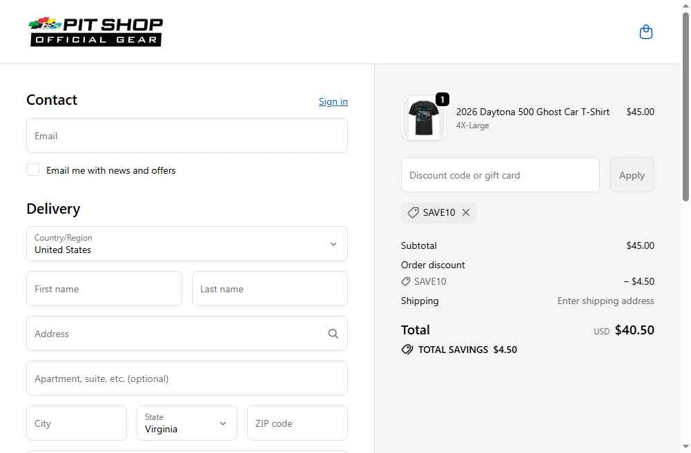 Daytona International Speedway checkout page showing Daytona International Speedway coupon code box | Screenshot taken by SimplyCodes community member on Dec 31, 2025